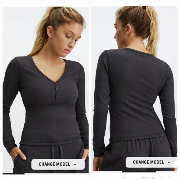 Fabletics Long-Sleeve Waffle Henley Pewter XL - Picture 1 of 9